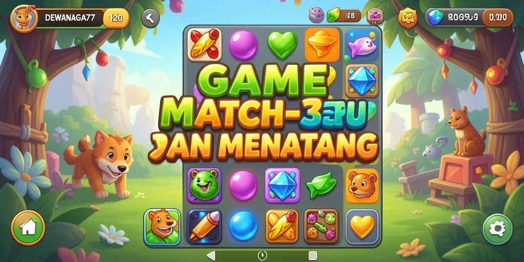 Tampilan gameplay <strong>DEWANAGA77</strong> dengan level Match-3 yang penuh warna.