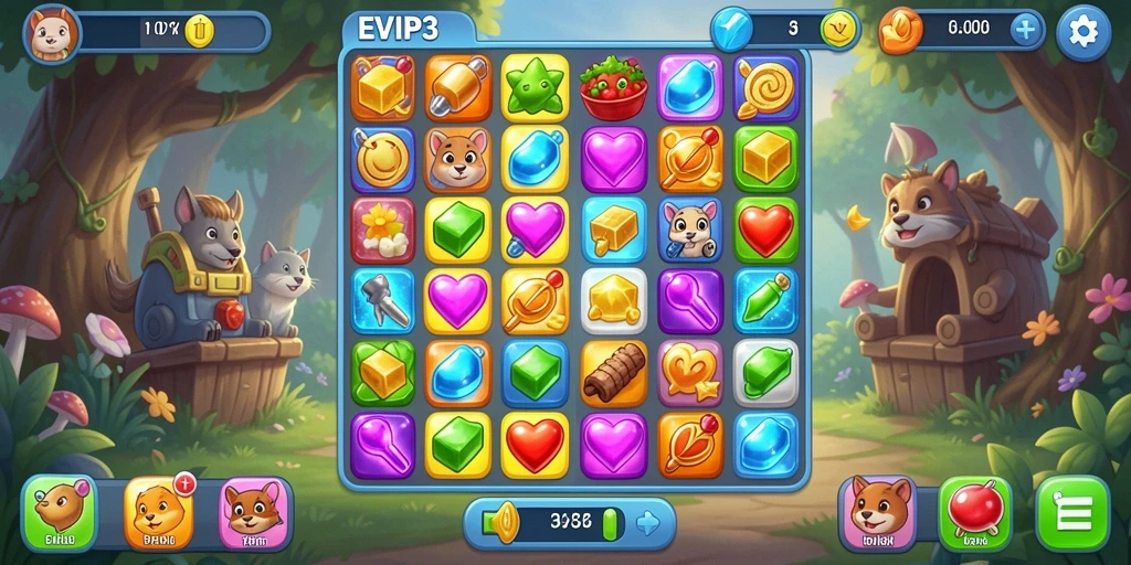 Screenshot utama EVIP3 menampilkan gameplay match-3 yang menarik.