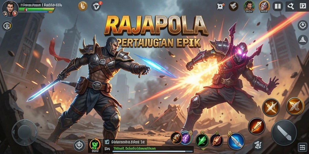 Tampilan gameplay RAJAPOLA yang penuh aksi dan strategi pertarungan.