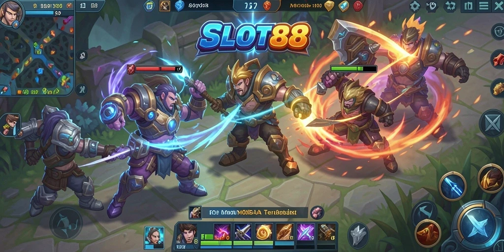 Screenshot utama SLOT88 menampilkan aksi pertempuran MOBA yang seru.